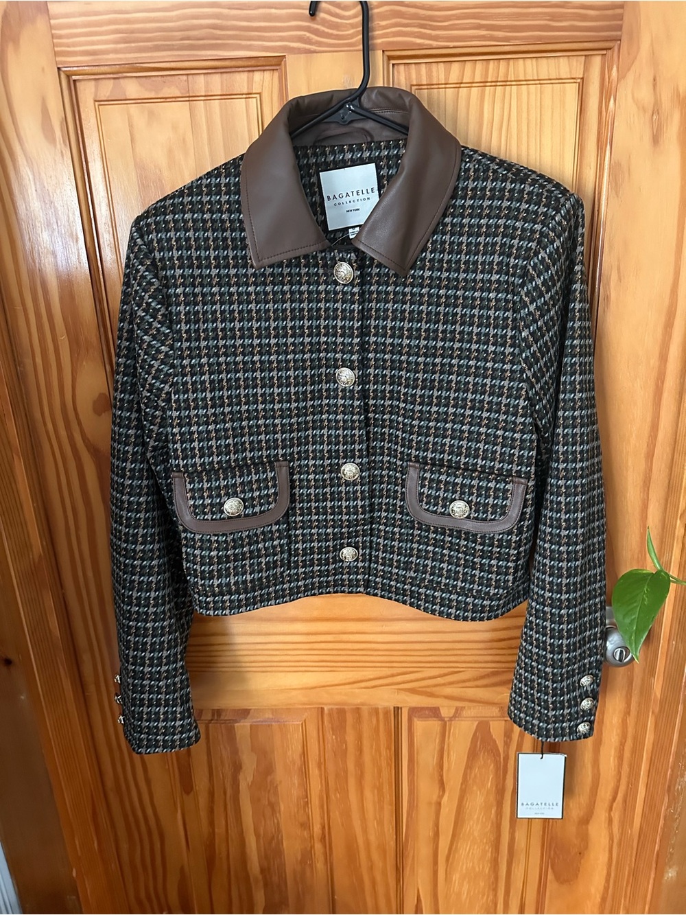 NWT BAGATELLE COLLECTION Houndstooth Jacquard Jacket With Faux Leather Colla - Picture 5 of 14